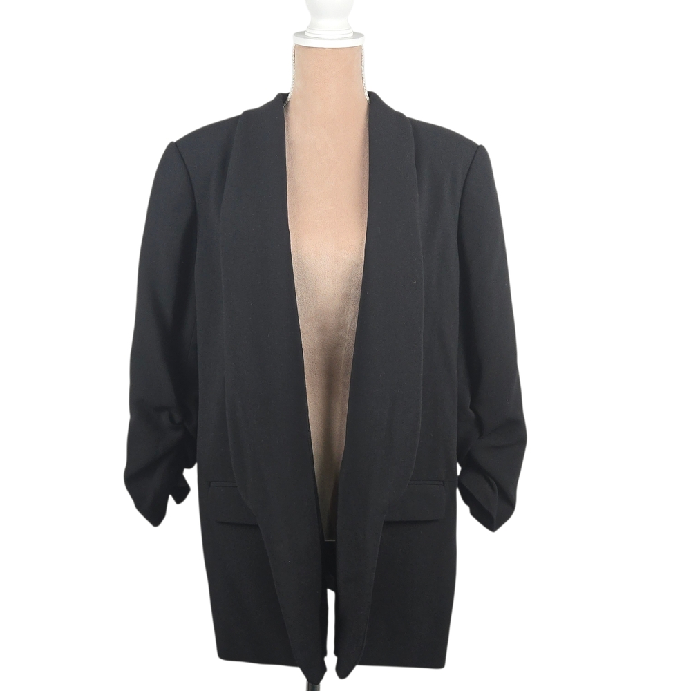 J. Peterman Open Front Blazer Ruched Sleeves Black Size 18